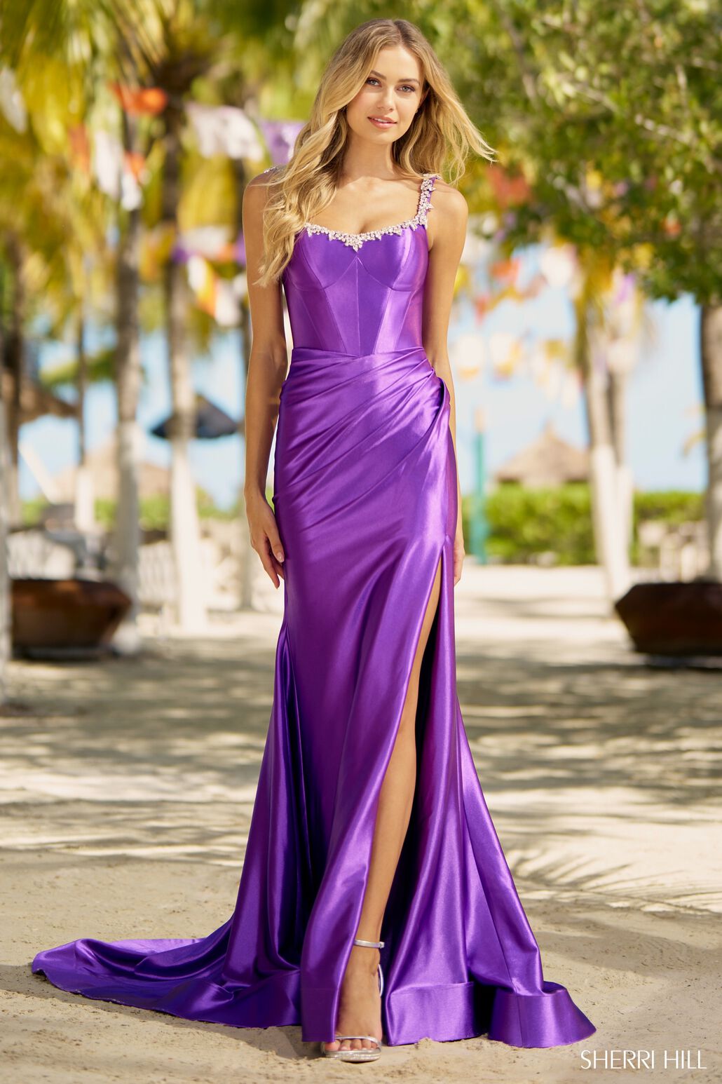 fitted lace wedding dress Sherri Hill purple prom dress at XO by Sophia's