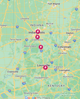 Map of the XO by Sophia's Prom and formal dress boutique locations in Indiana and Kentucky