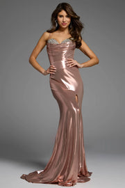 Metallic Prom Dress with beaded bust, fitted with a slit prom dress at XO by Sophia's in Indiana and Kentucky