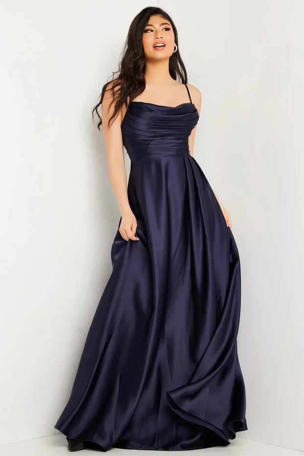 Elegant prom dress in Navy Blue A line with rouching available at XO by Sophias, perfect for special occasions in Indiana and Kentucky.