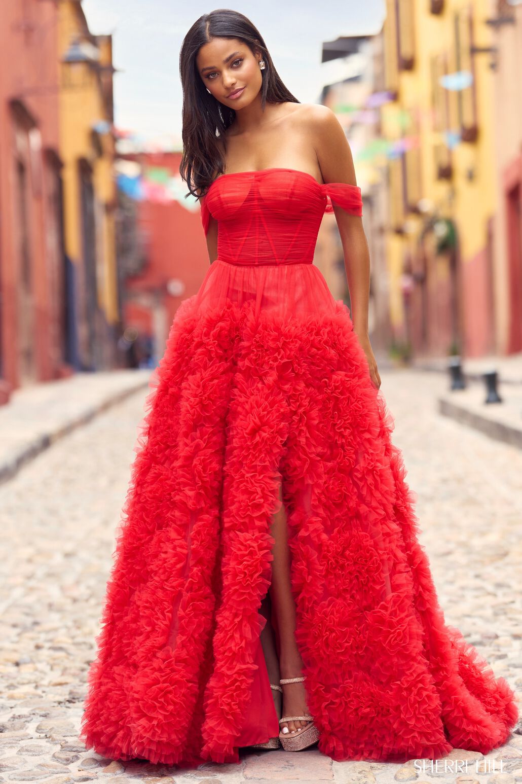Sherri Hill Black/Red Print prom dress at XO by Sophia's 55324 / Ivory / 4